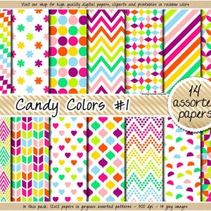 SALE candy digital paper rainbow background bright patterns geometric dot chevron diamond heart flower pink purple green orange blue yellow