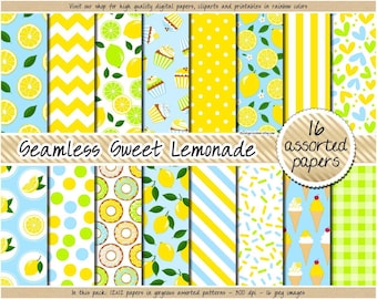 VENTA Papel digital de limón, papel digital de limonada, papel digital de frutas, clipart de helado, clipart de cupcake, donut, papel sin costuras amarillo y azul