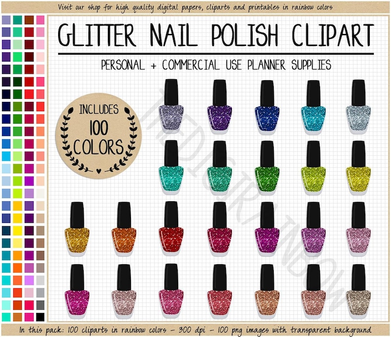 PROMOÇÃO 100 Adesivos de esmalte com glitter para planner, adesivos de maquiagem, adesivos de cosméticos arco-íris, clipart de maquiagem, clipart de beleza imagem 1