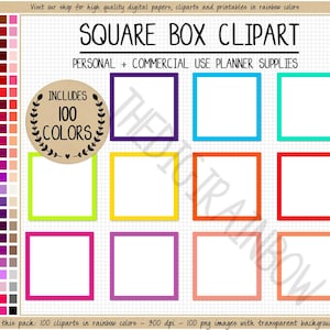 OFERTA 100 CAJA CUADRADA clipart pegatinas cuadradas en blanco pegatinas imprimibles para planificador digital Happy Planner arcoíris caja clipart Goodnotes ELCP