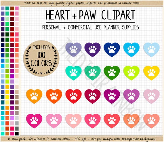 SALE 100 HEART PAW print clipart dog clipart cat clipart paw print sticker animal sticker vet sticker pet reminder commercial use clipart