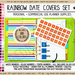 BUNDLE 300 Rainbow Date Cover Sticker druckbare Datum quadratische Cover ups 1-31 Nummer Cliparts Pastell digitaler Kalender heller Kalender Datum Punkt