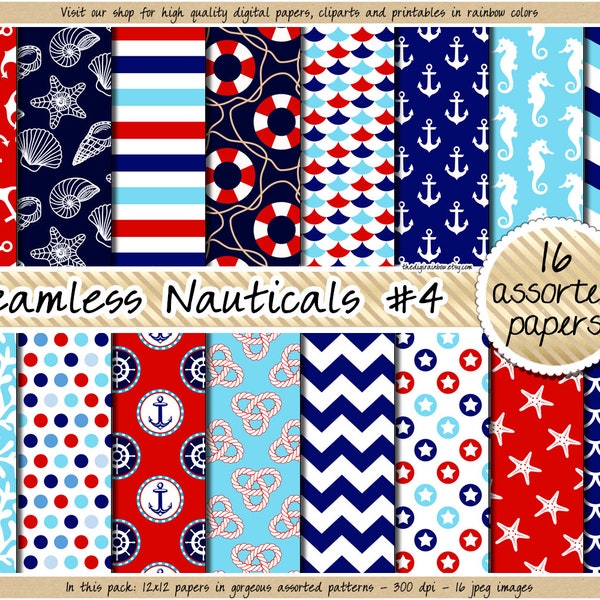 Nautical digital paper seamless commercial use pattern marine clipart navy and red scrapbook paper buoy anchor coral seashell starfish print