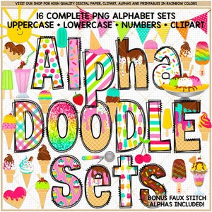 Ice Cream Doodle Alphabet PNG Bundle Summer sublimation Popsicle clipart Soft Serve Sprinkle cone Chocolate font Strawberry alpha letters