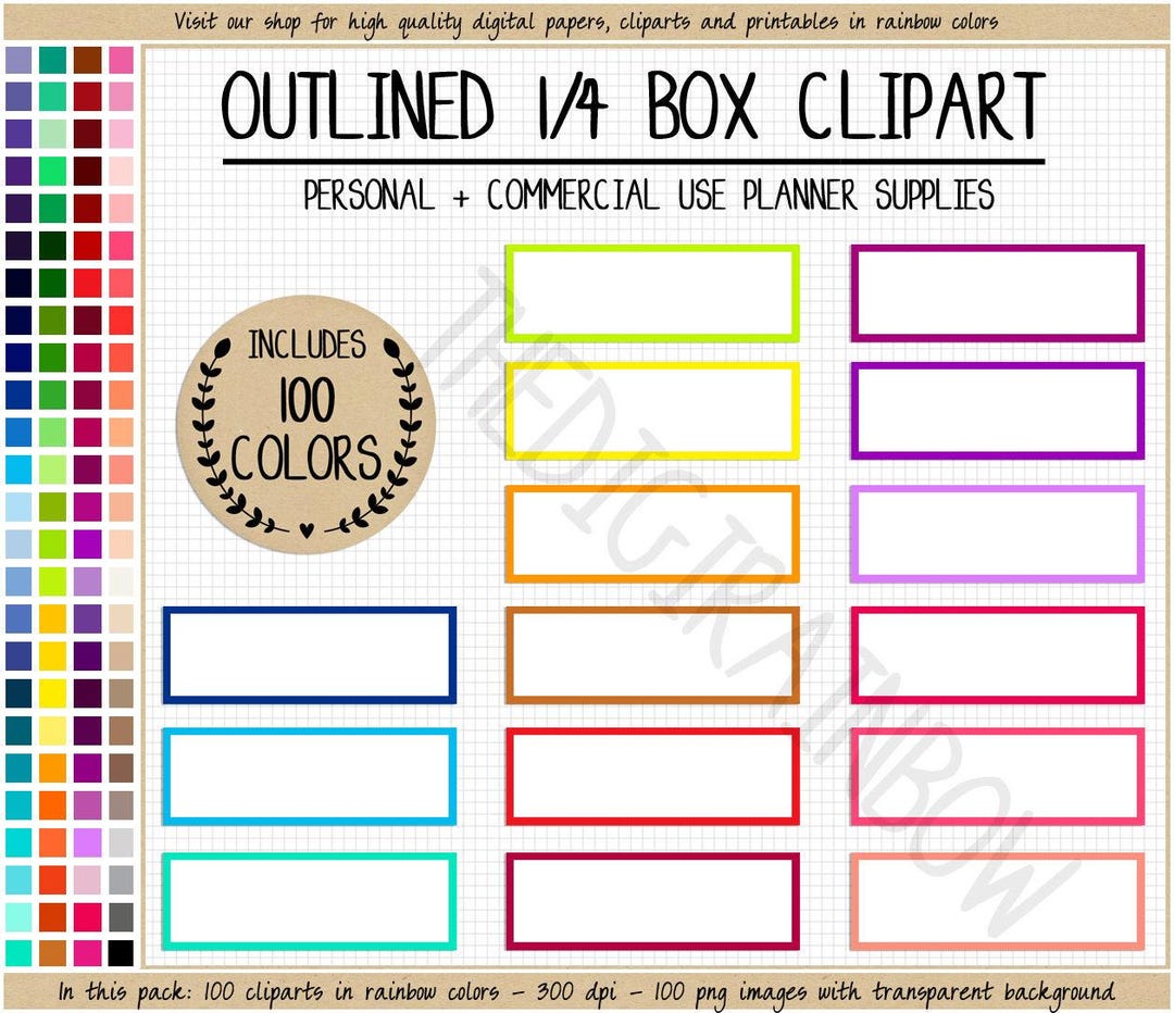 SALE 100 OUTLINED QUARTER Box Stickers Cute Printable Rainbow Planner ...