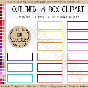 VENTA 100 pegatinas de caja de CUARTO DELINEADAS lindas pegatinas imprimibles de planificador de arcoíris brillantes clipart de planificador de Erin Condren clipart de uso comercial