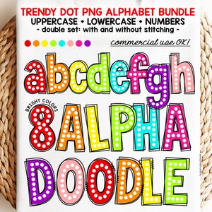 Alfabeto de pontos PNG Doodle Letras arco-íris rabiscos manuscritos alfas ponto falso sublimação design Bright Marquee fonte uso comercial DTF