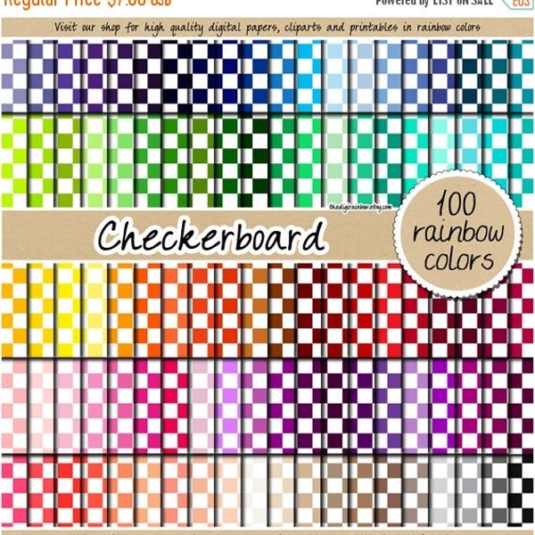 100 Seamless Checkerboard digital paper checker grid geometric background printable rainbow picnic fabric pattern bright pastel neutral dark