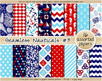 Seamless Nautical digital paper printable nautical pattern sea background navy blue red chevron polka dot stripes wave anchor seashell coral