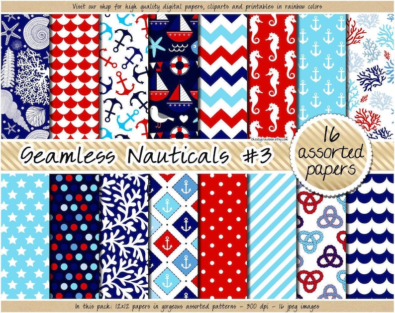 Seamless Nautical digital paper printable nautical pattern sea background navy blue red chevron polka dot stripes wave anchor seashell coral image 1