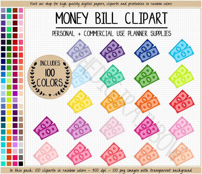 SALE 100 MONEY BILL clipart money clipart rainbow payday stickers bank stickers finance planner budget stickers dollar sign dollar bills image 1