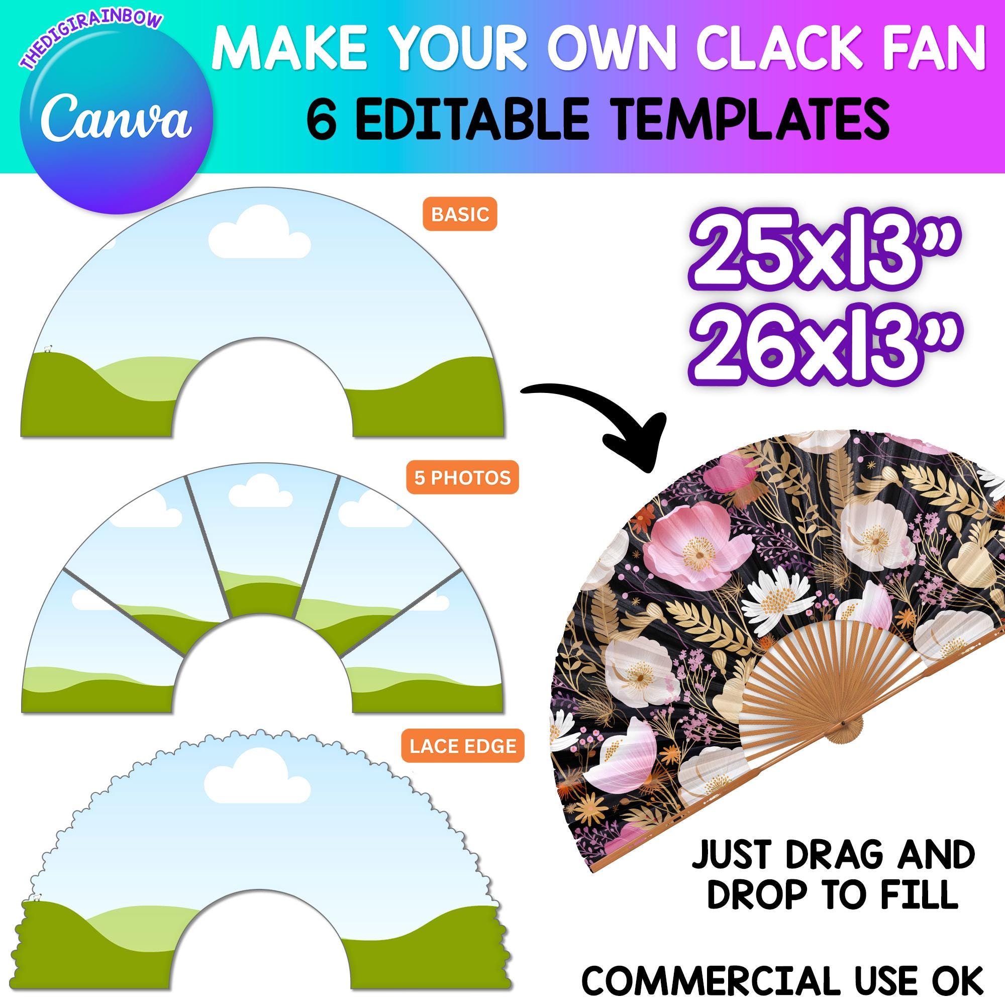 Clack Fan CANVA Template, Drag and Drop 26" & 25" Chinese Click Fan, Printable DIY Sublimation Editable CANVA Frame Bundle commercial use ok