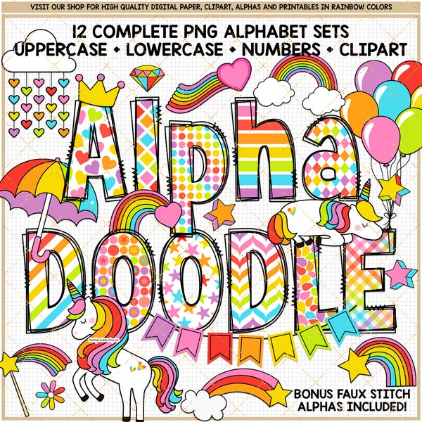 Rainbow Alphabet PNG Unicorn letters Fantasy Princess alpha Stitch doodle sublimation letters Magic Wand Shooting Star Heart balloon clipart