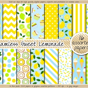 VERKOOP Citroen digitaal papier limonade digitaal papier fruit digitaal papier ijs clipart cupcake clipart donut geel en blauw naadloos papier