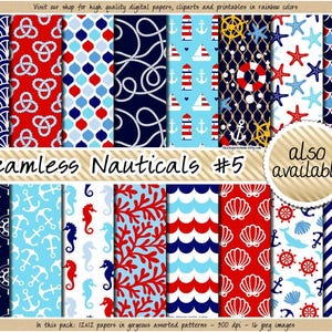 Papel digital náutico sem costura para scrapbooking, clipart marinho, azul marinho e vermelho, estampa de bóia, âncora, coral, concha e estrela-do-mar. imagem 5