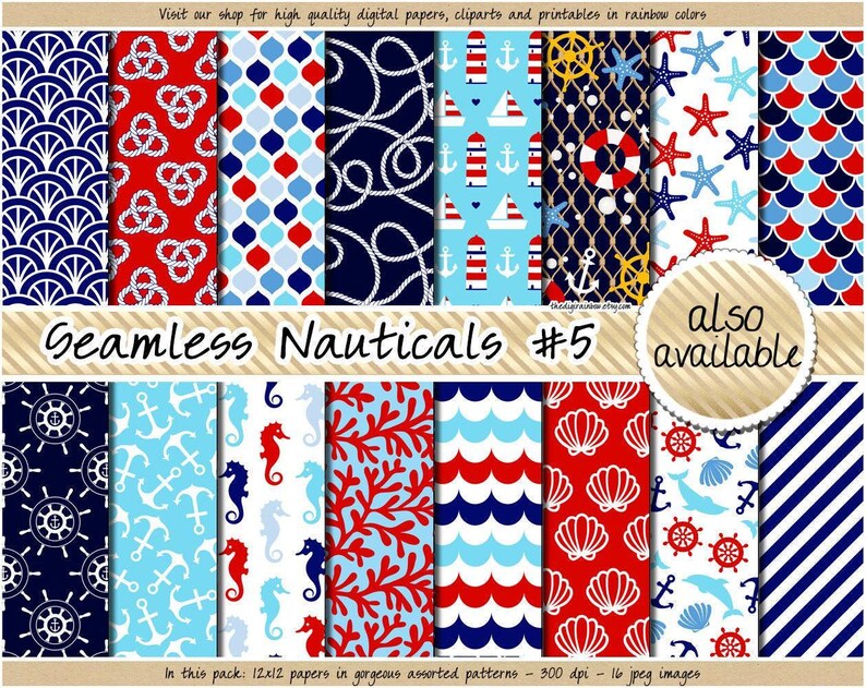 Papel digital náutico sem costura para scrapbooking, clipart marinho, azul marinho e vermelho, estampa de bóia, âncora, coral, concha e estrela-do-mar. imagem 5