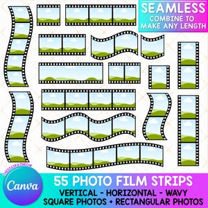 Bewerkbare fotofilmstrip canvaframes, fotocollagesjabloon, retro photobooth afdrukbare cake filmrol, aangepaste fotoalbum slepen en neerzetten