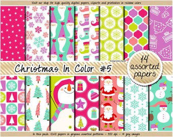 SALE christmas digital paper holiday digital paper snowman snowflake santa christmas tree present reindeer clipart in pink blue green purple