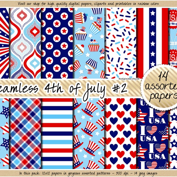 SALE 4th of July digital paper USA patriotic seamless pattern independence Fourth of July plaid cupcake clipart blue red star stripe heart