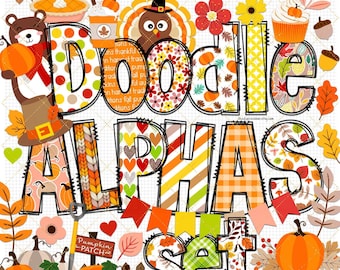 Fall Doodle Alpha bundle Thanksgiving Font alphabet clipart Faux Stitch PNG sublimation letter Floral font Dot Gingham Pumpkin Plaid pattern