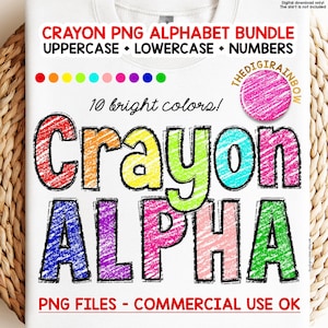 Alfabeto de crayones PNG, letras de garabatos para niños, fuente de sublimación, colores primarios y secundarios brillantes, arcoíris, regalo para maestros de preescolar, DTF