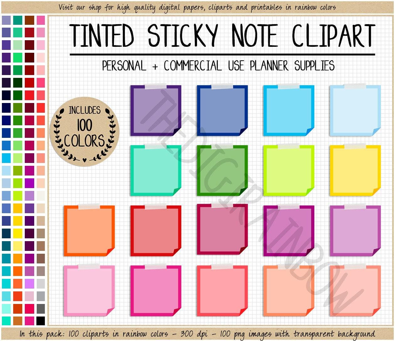 100 PINNED NOTE Digital Sticker Taped Square Sticky Note Clipart Washi ...