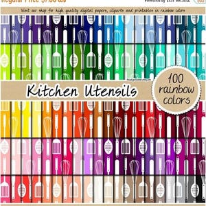 100 kitchen digital paper utensils kitchenware digital paper rainbow digital scrapbooking kit pattern pack 12x12 pastel neutral bright