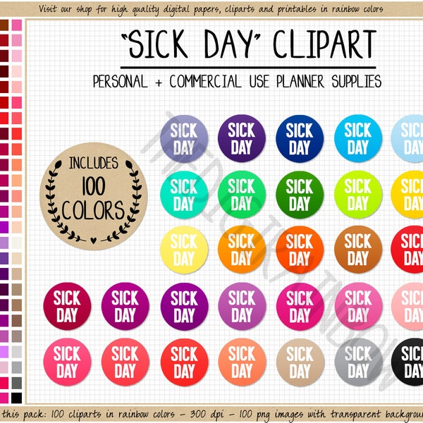 SALE 100 SICK DAY stickers day off digital planner sticker no work clipart rainbow Erin Condren vacation time stickers Goodnotes Notability