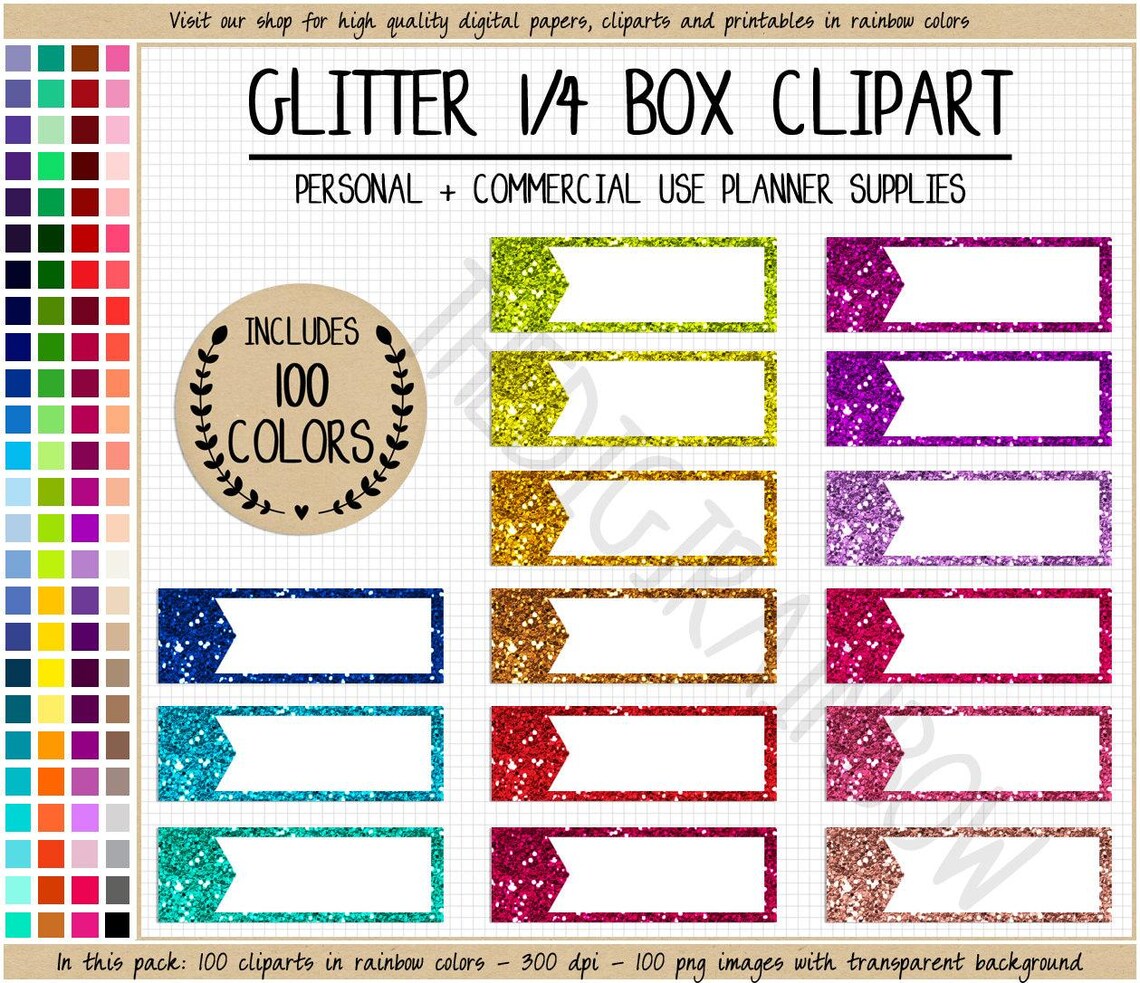 SALE 100 GLITTER Planner Clipart Glitter Quarter Box Sticker Rainbow ...