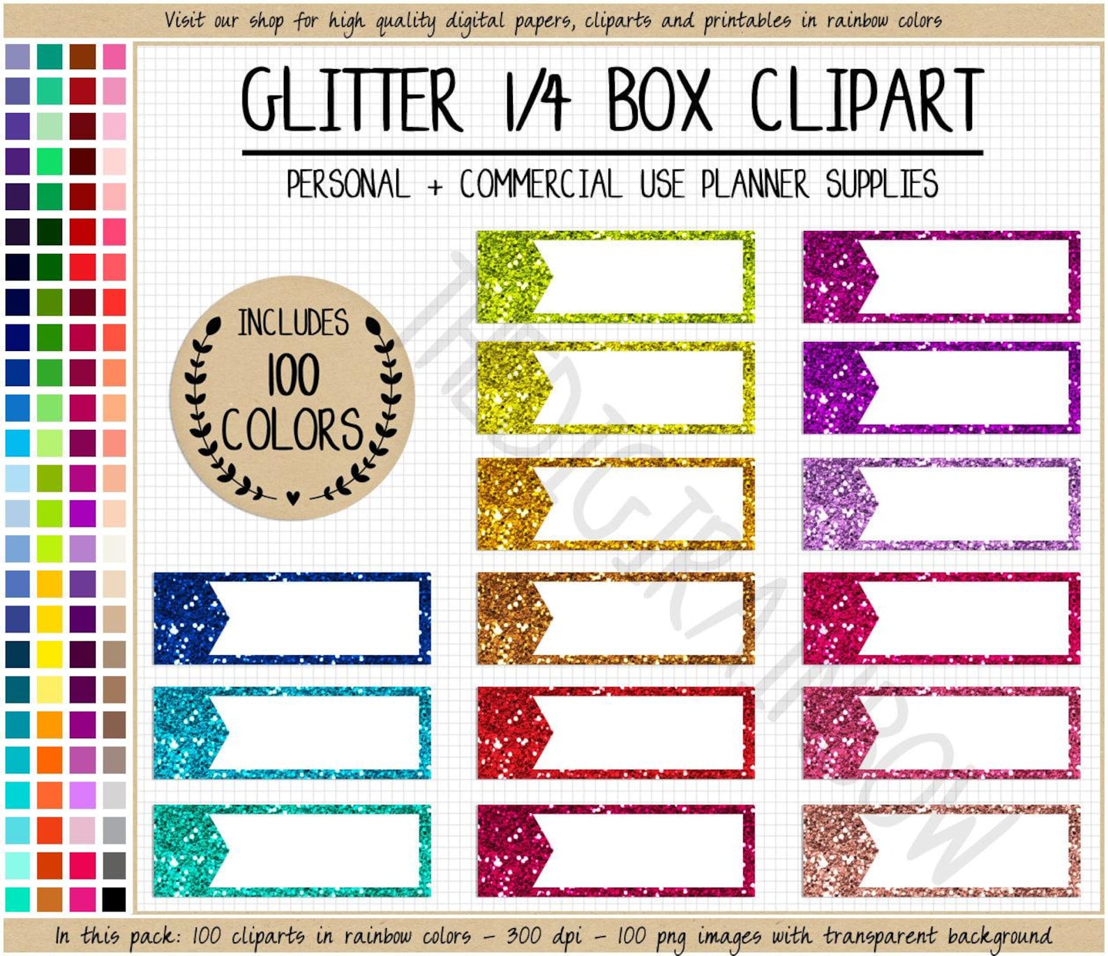 SALE 100 GLITTER Planner Clipart Glitter Quarter Box Sticker Rainbow ...