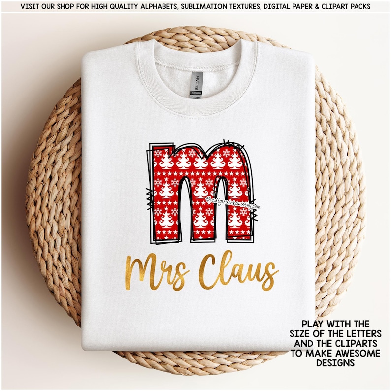 Christmas Doodle Alphabet Red and Green Plaid Letters Coquette Reindeer PNG sublimation Santa Hat Tree Sleigh Stocking Candy Cane clipart image 5