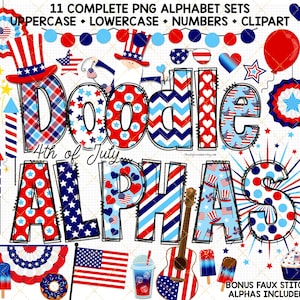Patriotic Doodle Alphabet 4. Juli PNG Schriftart Ich liebe USA Clipart Faux Stitch Alpha Bundle rotes Herz Marine Sterne karierte Sublimationsbuchstaben