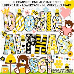 Abeille Doodle Alphabet alpha PNG polices bourdon clipart ruche nid d'abeille tournesol motif faux point AZ sublimation lettre