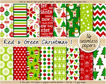 SALE christmas digital paper red and green christmas digital paper holiday digital paper pattern candy cane snowflake snowman tree mistletoe