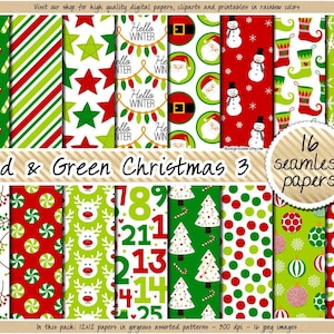 Seamless christmas digital paper red and green holiday background scrapbooking pattern advent calendar candy cane snowflake mistletoe star