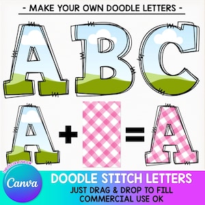 Editable Doodle Alphabet, Stitch CANVA Frames, Blank Doodle letters template, Drag and Drop font Uppercase lowercase numbers faux embroidery