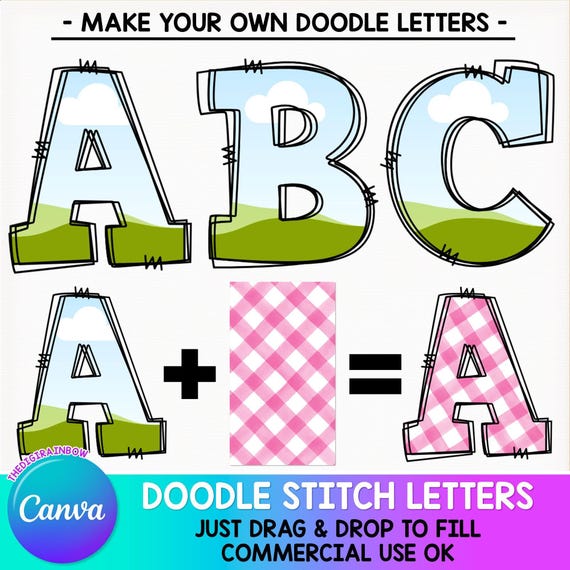 Editable Doodle Alphabet, Stitch CANVA Frames, Blank Doodle letters template, Drag and Drop font Uppercase lowercase numbers faux embroidery