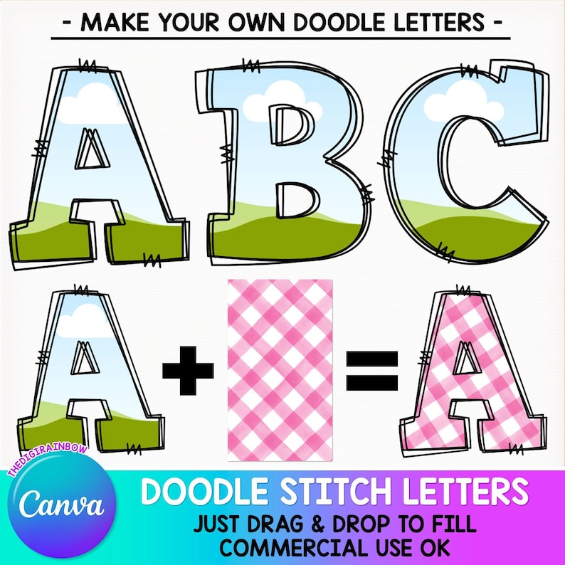 Editable Doodle Alphabet, Stitch CANVA Frames, Blank Doodle letters template, Drag and Drop font Uppercase lowercase numbers faux embroidery image 1