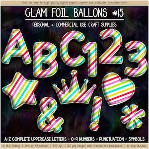 STRIPE Foil Balloon alphabet clipart girl birthday balloon font rainbow balloon clipart PNG sublimation lettering printable digital alphabet