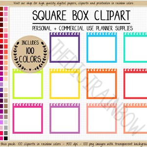 VENTE 100 PAGE DÉCHIRÉE boîte clipart autocollants carrés vierges imprimable numérique autocollant Bullet Journal boîte arc-en-ciel Erin Condren Goodnotes planificateur