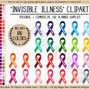 VENTE 100 ruban de sensibilisation numérique autocollant arc-en-ciel ruban maladie invisible chronique cuillère théorie planificateur clipart Goodnotes Erin Condren MAMBI