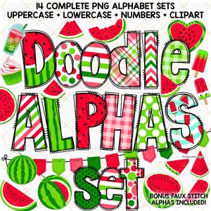 Watermelon Doodle Alphabet PNG Bundle Summer sublimation design Fruit font faux stitch alpha letters commercial use Mothers Day watercolor