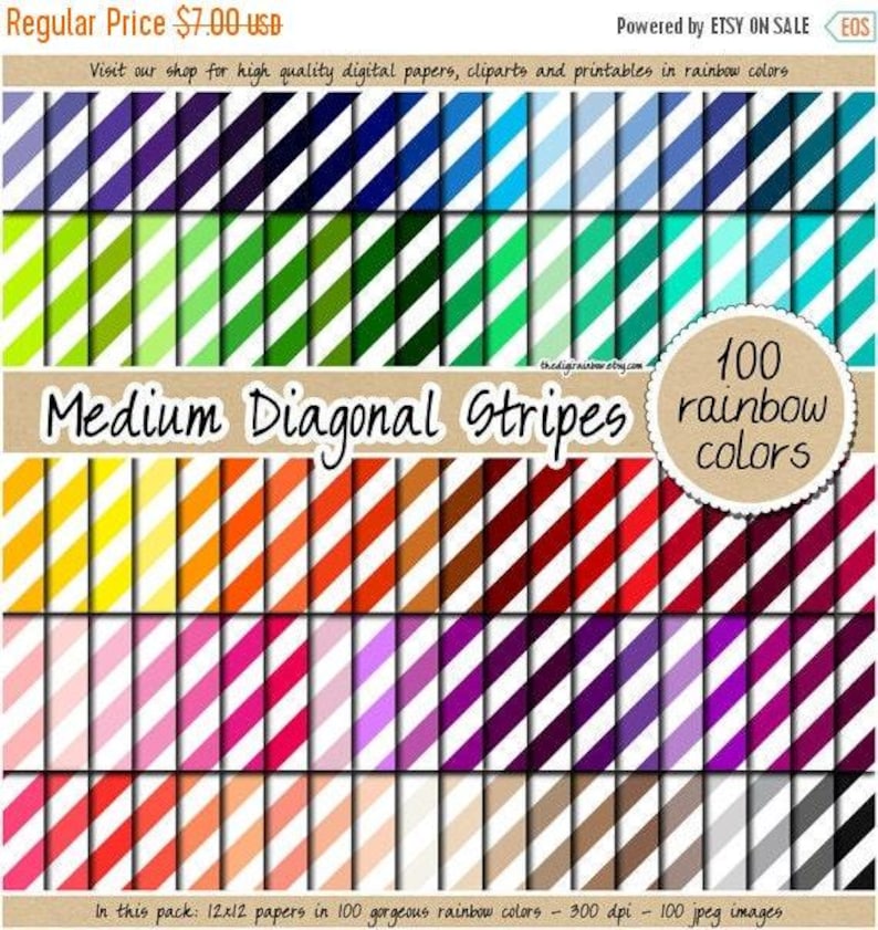 100 SEAMLESS Diagonal Stripes Digital Paper Stripe Pattern Rainbow ...