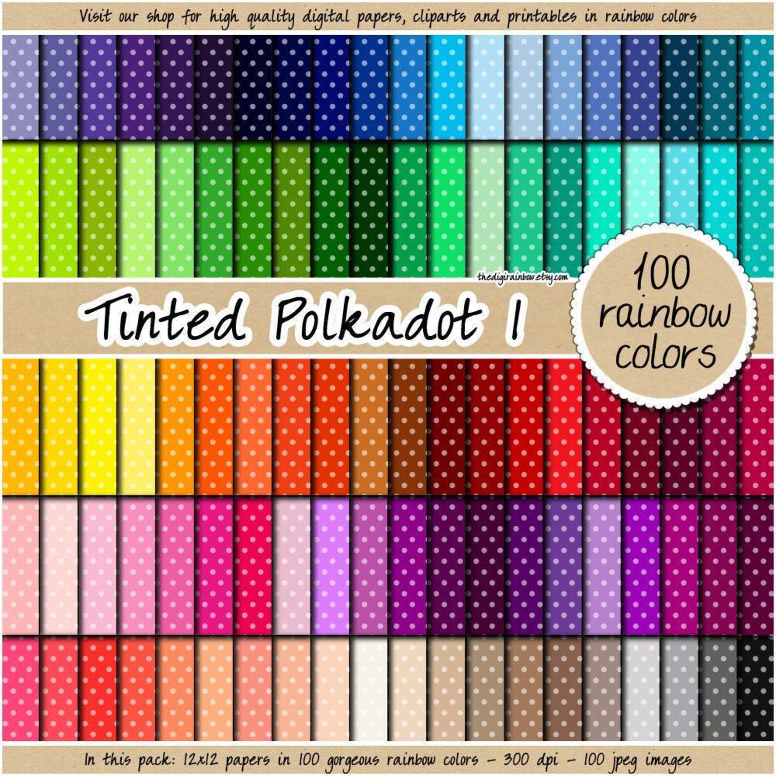 100 SEAMLESS Tinted Polka Dot Digital Paper Rainbow Background ...