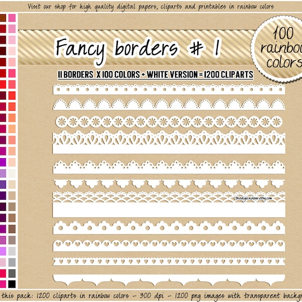 VENTE 1200 pétoncles frontière clipart dentelle frontière coeur frontière étoile floral bannière clipart 100 couleurs arc-en-ciel bordure arc-en-ciel de scrapbooking numérique