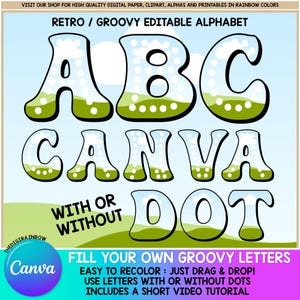 Groovy CANVA Frame Alphabet Template, Editable Alphas, Fill Your Own DOT Letters, Retro Font, commercial vintage digital sublimation design