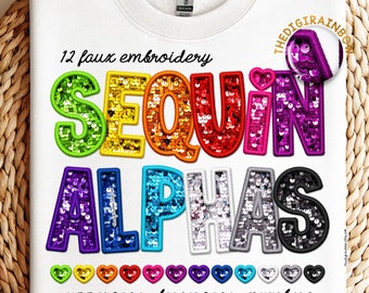 Sequin Alphabet PNG Bundle, Faux Embroidery sublimation design, Rainbow Stitch patch Letters, realistic Glitter Digital alpha commercial use