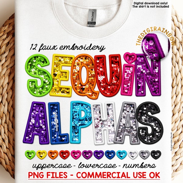 Paillettes Alphabet PNG Bundle, conception de sublimation de fausse broderie, lettres de patch au point arc-en-ciel, utilisation commerciale alpha numérique paillettes réaliste