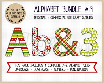 Christmas Alphabet clipart Red and green plaid alphabet christmas tree pattern poinsettia clipart Christmas sublimation PNG Faux Applique