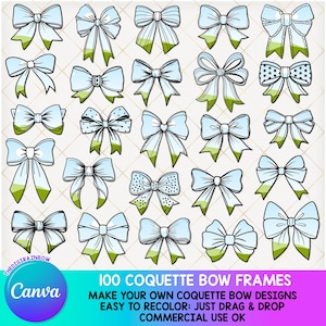 100 Coquette Bow CANVA frame bundle, Make Your Own Bow Template Drag and drop Pretty blank retro coquette sublimation designs commercial use